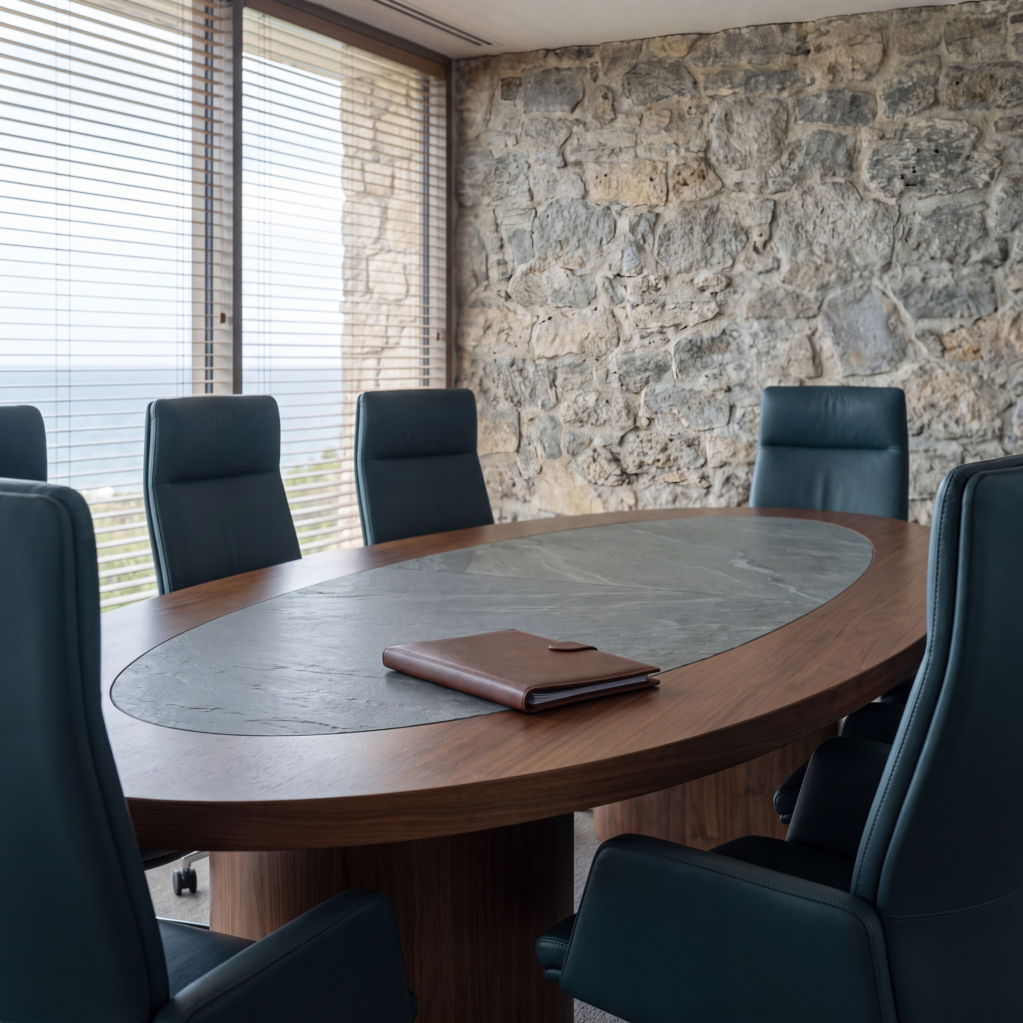 Executive boardroom with stone wall and oval table
